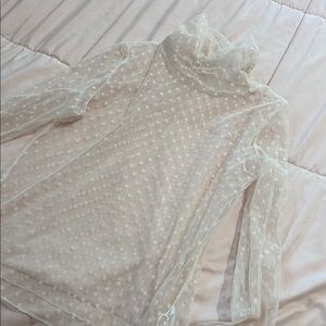 Sheer Polka Dot Mock Neck Blouse - White